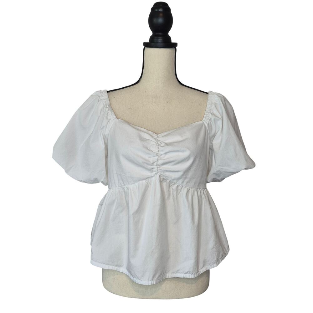 Japna White Cotton Puff Sleeve Babydoll Top Ruched Sweetheart Milkmaid Blouse L